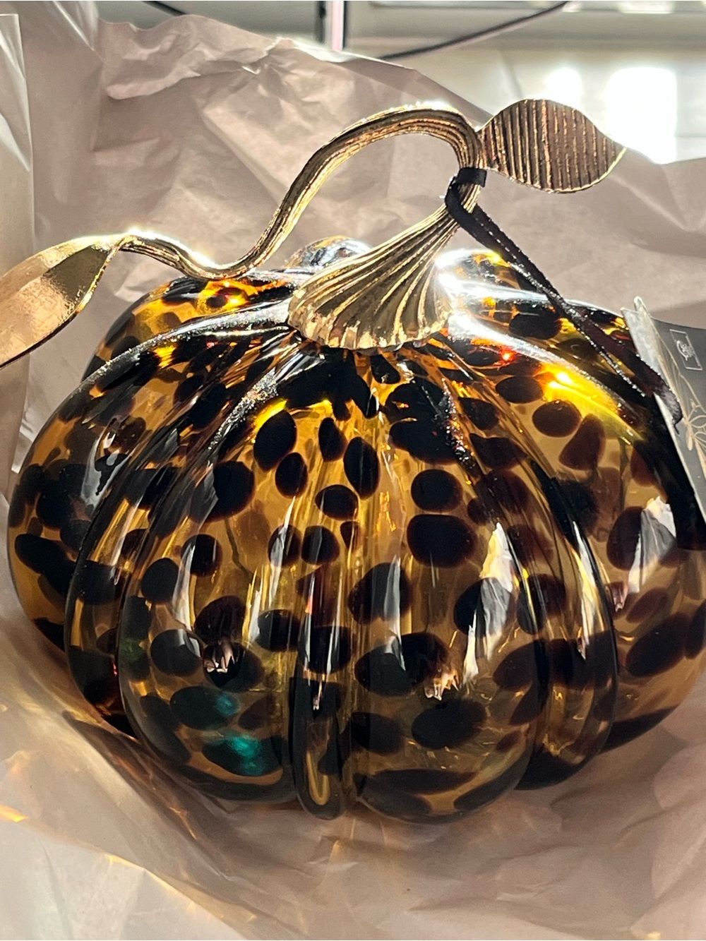 Christian Siriano Glass Pumpkin Leopard Tortoise Print Gold Stem Fall Decor NWT